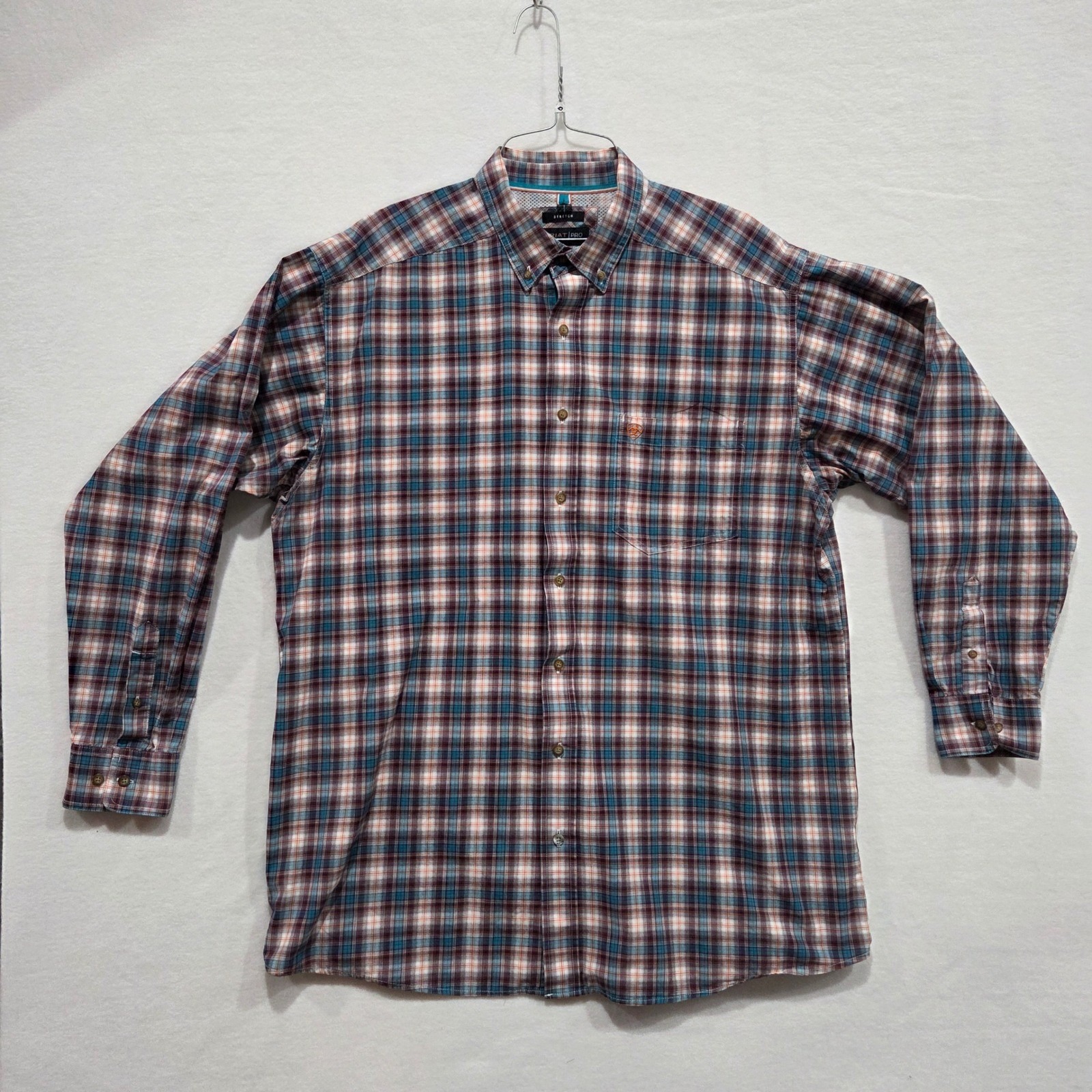 Ariat Pro Series Mens Xl Tall Plaid Stretch Button Down Shirt Blue Burgundy